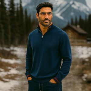 Brooks Brothers x NetJets Men XL Merino Wool Half-Zip Luxe Sweater Blue Red Trim